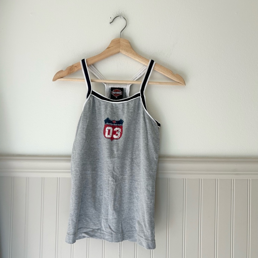 Vintage Harley-Davidson XL Gray Tank Top Black White Trim Built In Bra